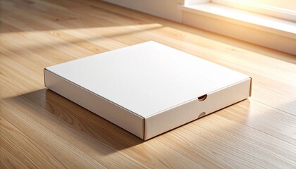 Fototapeta premium Blank White Pizza Box on Light Wooden Floor near Window Perfect for Mockups and Food Delivery Designs