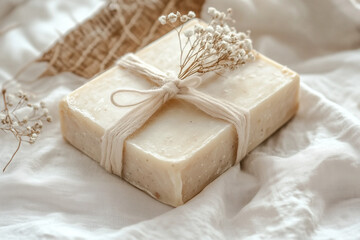 Hand-tied linen cloth wrapping around artisanal soap, rustic cottagecore aesthetic, delicate details, white background