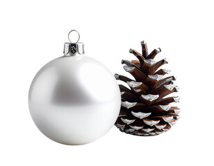White and silver ornament with a pine cone and a silver ball