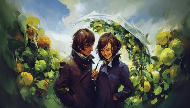 Romantic couple under a translucent umbrella in a vibrant garden