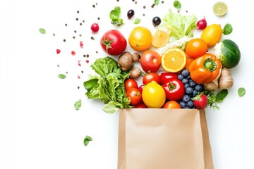 Shopping explosion concept with bright healthy foods coming out of bag, isolated on white