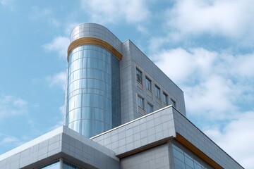 Fototapeta premium Facade of a modern tiled building featuring a rounded glass tower and rows of windows against a partly cloudy sky