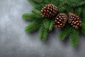 Fir boughs and pine cones on a grey background