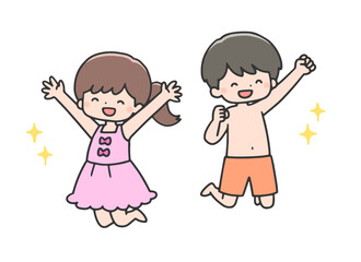 笑顔でジャンプする水着姿の子どもたち