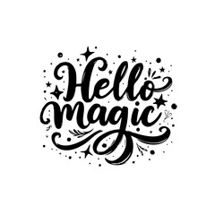 Enchanting Hello Magic Calligraphy Design with Sparkling Stars and Flourishes