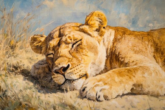 Lioness resting peacefully in the savannah under the warm sun during a tranquil afternoon, A lioness is resting in the savannah - Powered by Adobe