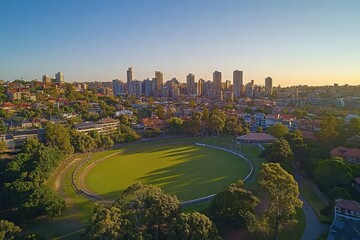 Fototapeta premium Panoramic drone view of North Sydney showcasing urban skyline and green park area at sunset, Panoramic drone aerial view of North Sydney and Gore Hill Oval in Sydney NSW Australia