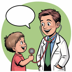 Cartoon illustration of a doctor examining a young boy with a stethoscope and a speech bubble above
