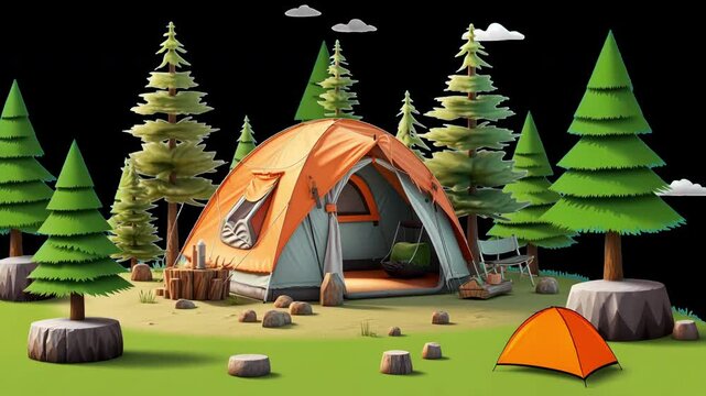 Camping adventure in nature animated overlay, transparent 4K video, alpha channel, ProRes 4444