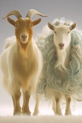 Fototapeta premium Two goats, one with styled light-tan and one with styled light-blue hair
