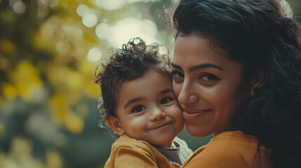 Dark-haired Latin mom and son play and have fun together spend quality time playing in a park