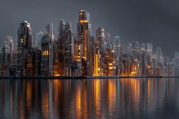 Fototapeta premium Futuristic city skyline reflected in water metallic skyscrapers with glowing orange windows stand tall