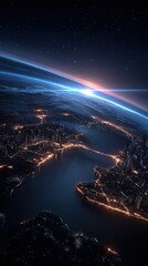 Earth at dawn, city lights glow