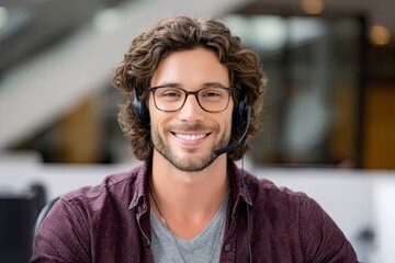 Obraz premium Man with headset smiles Curly hair glasses button shirt neutral background