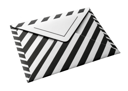 A black and white striped envelope is isolated on transparent background