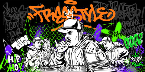 Obraz premium Graffiti background vector with throw-up, tagging hand-drawn, spray paint effect, drips style. Illustration Street art graffiti urban theme for prints, banners, and wall art.