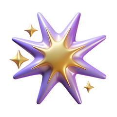 Starburst graphic element purple and gold shiny 3d render isolated on white background design asset