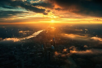Stunning sunrise over the City of London with river reflections and cloud formations, Aerial cityscape view sunrise over City of London