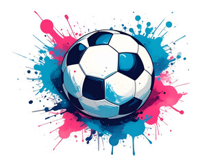 Soccer ball with blue, pink and white splatters on it 