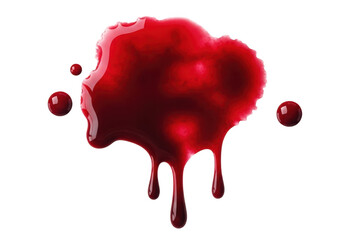 A red blood splatter with drips is isolated on transparent background