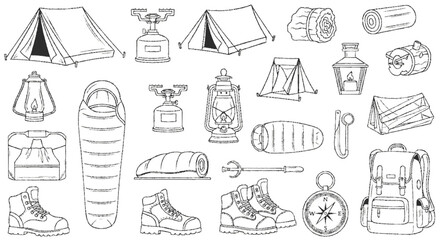 Fototapeta premium Line art illustration of camping equipment: tents, stoves, lanterns, sleeping bags, boots, backpacks, compass, and rolled mats.