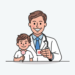 Fototapeta premium A doctor holding a medicine and a child holding a lollipop standing in front of the doctor smiling
