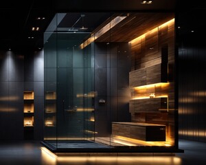 Modern, minimalist bathroom with glass enclosure and warm lighting
