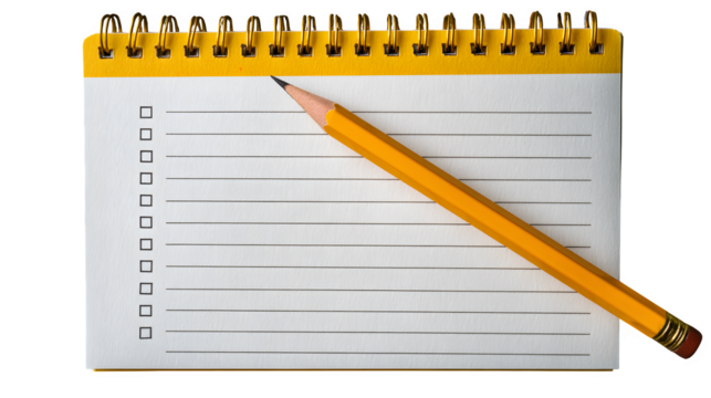 Blank spiral notepad with yellow pencil ready for notes lists tasks ideas planning organization school office work