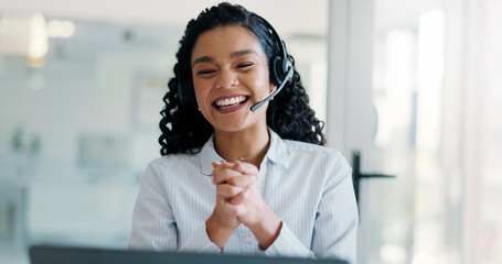 Customer service, laugh and woman on laptop in office for consulting, help and contact us....