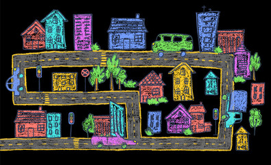 Naklejka premium Cityscape in colorful crayon and wax doodle style. Doodle cars, houses, garden and road with traffic light drawn with charcoal squiggles for kids and kindergarten. Vector art of a baby-friendly