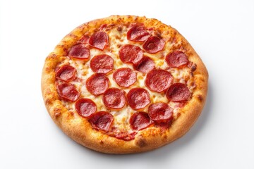 Round pepperoni pizza with a golden crust sits on a plain background