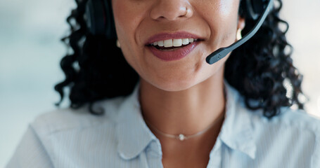 Mouth, headset and talk with smile at call center with advice, career and customer support in...
