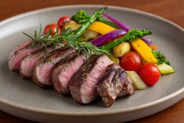 Sliced steak with a side of colorful veggies on a gray plate