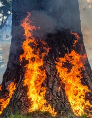 fire burns the base of a large tree 3