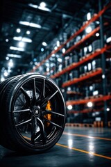 Sleek black alloy wheel in a warehouse setting