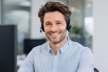 Smiling man wearing a headset in an office setting