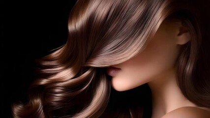 A close-up of a woman's profile, featuring luxurious, flowing hair partially covering her face against a dark background.