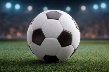 Fototapeta premium Soccer ball on a field black and white pentagons green grass and stadium lights in the background