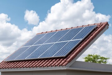 Solar panels are installed on a roof with clay tiles under a blue sky with clouds