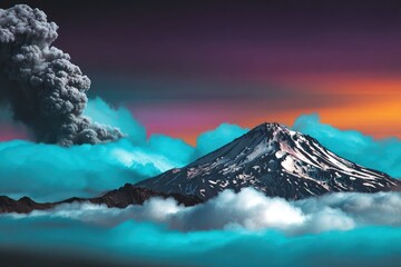 Dramatic volcano eruption over a snow-capped mountain