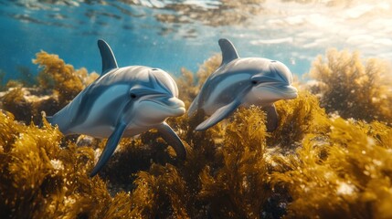 Two dolphins swim amidst underwater kelp.