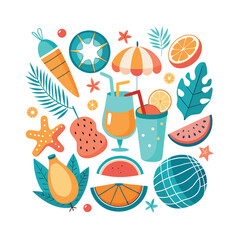 Fototapeta premium Colorful Summer Illustration with Beach Elements, Cocktails, Fruit, and Tropical Vibes