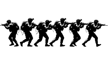 Silhouettes of Military Personnel in Action, Running with Rifles