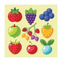 Cartoon Vector Set of Fresh Fruits: Strawberry, Grape, Apple, Cherry and Blueberry