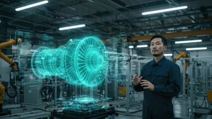 A worker in a factory uses augmented reality to examine a jet engine - Powered by Adobe