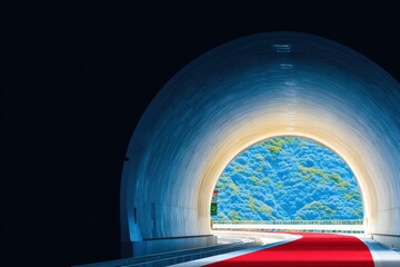 Tunnel with red road leading to a mountain vista
