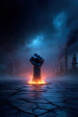 Powerful fist against industrial backdrop