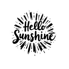Hello sunshine motivational lettering with radial lines design, vector illustration