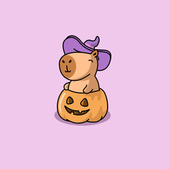 Vector illustration of a cute and spooky capybara wearing a witch hat, perfect for Halloween themes.