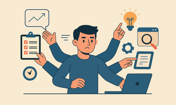 Flat vector illustration of an overworked multitasking man surrounded by productivity and planning icons while using a laptop.
